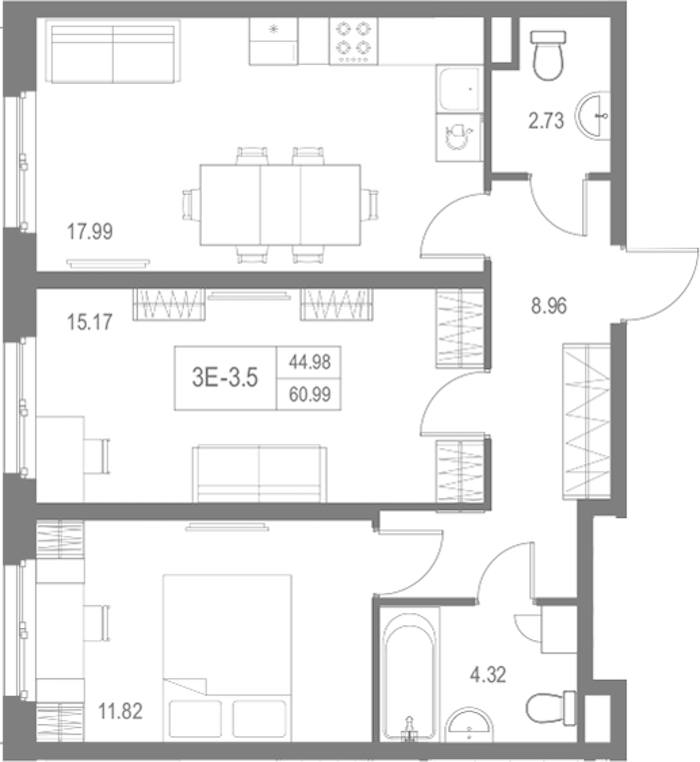 2-комнатная квартира 60.99 м², 7/17 эт., Комплекс апартаментов «Zoom на Неве»